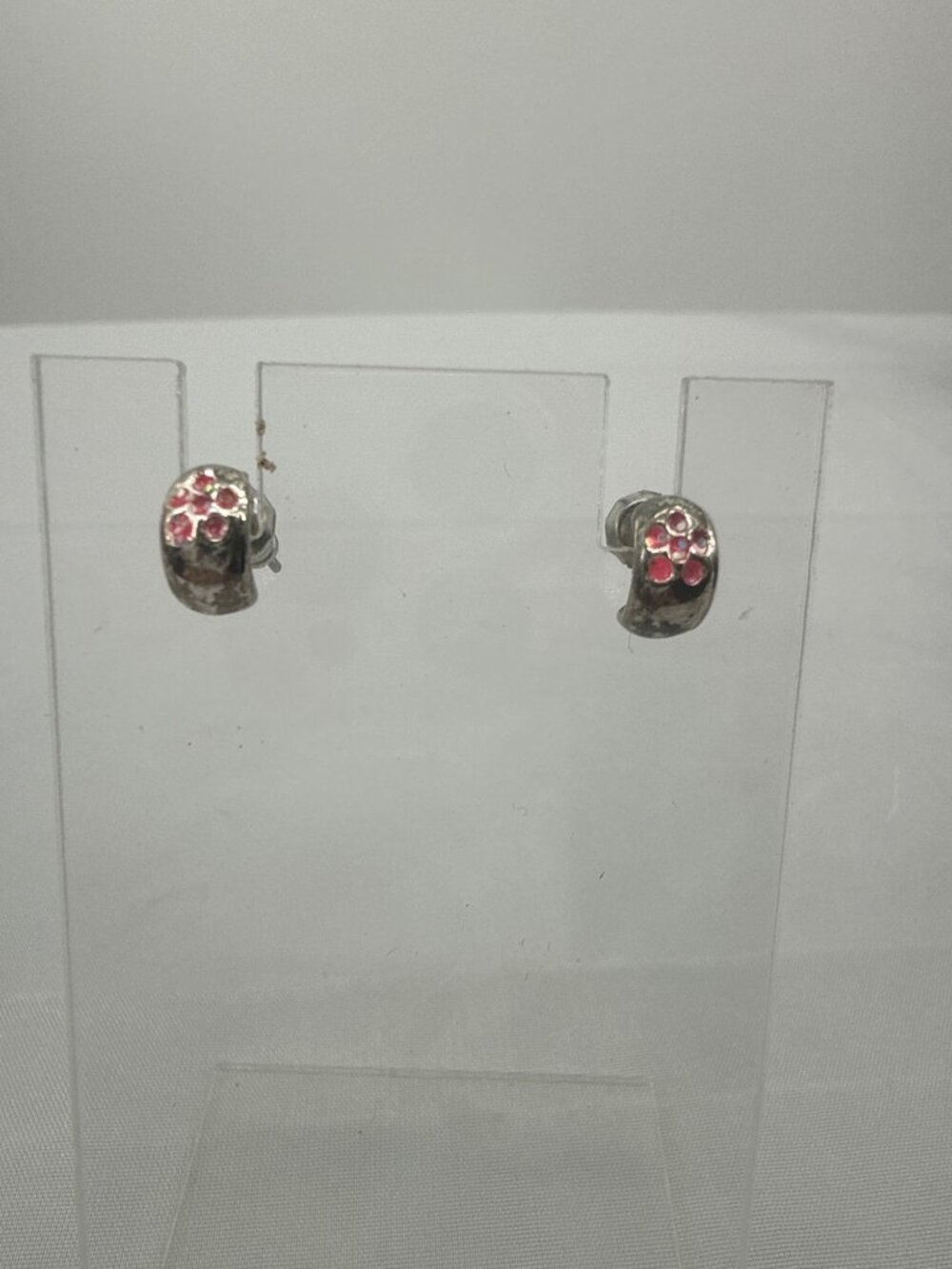 Vintage Silver Pink Rhinestone Floral Huggie Earrings Coquette Romantic Studs